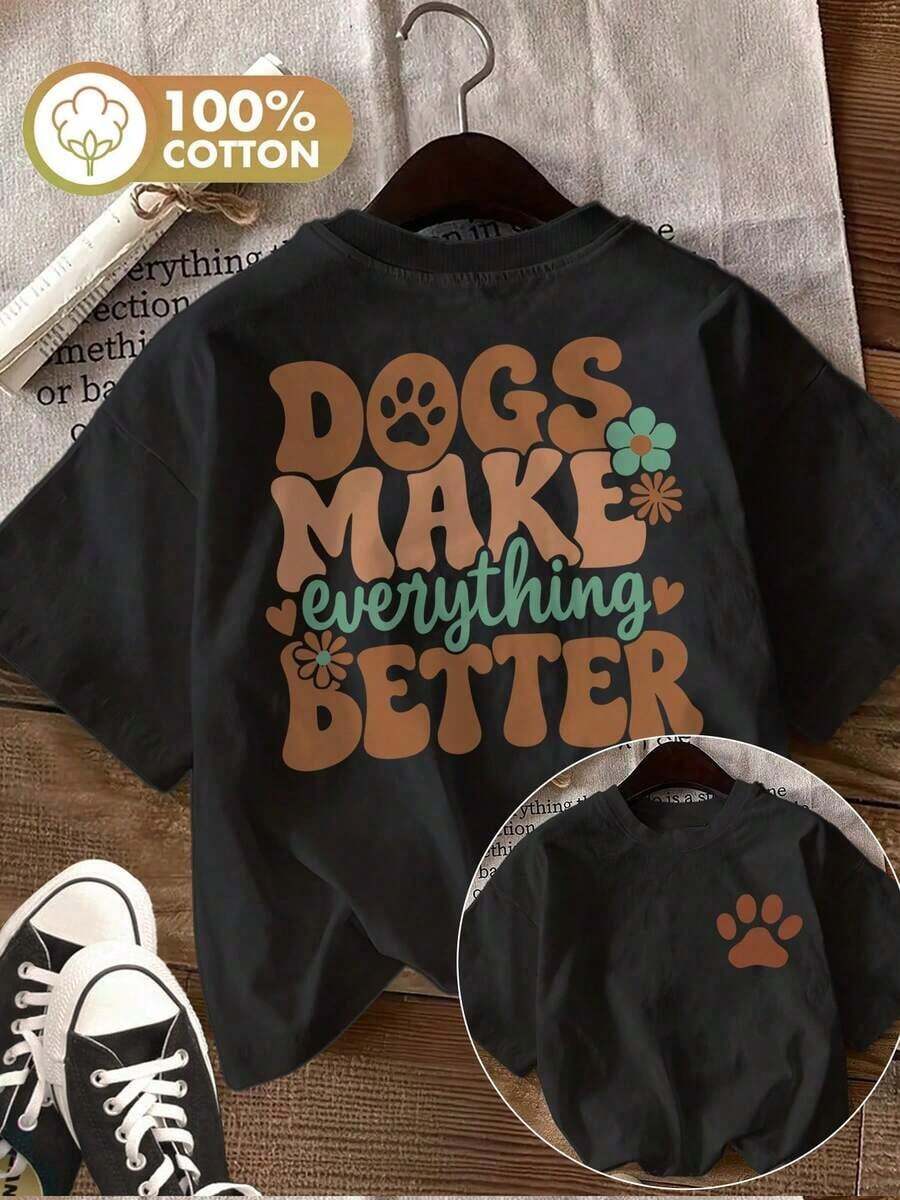 Limited Edition [Double-Sided Print] Women's T-Shirt - Retro Style With Dog Paw Print And Flowers, Loose Fit, Casual For Everyday Wear, Crew Neck, Short Sleeve, Lightweight Cotton - 黑色 - 查看 1