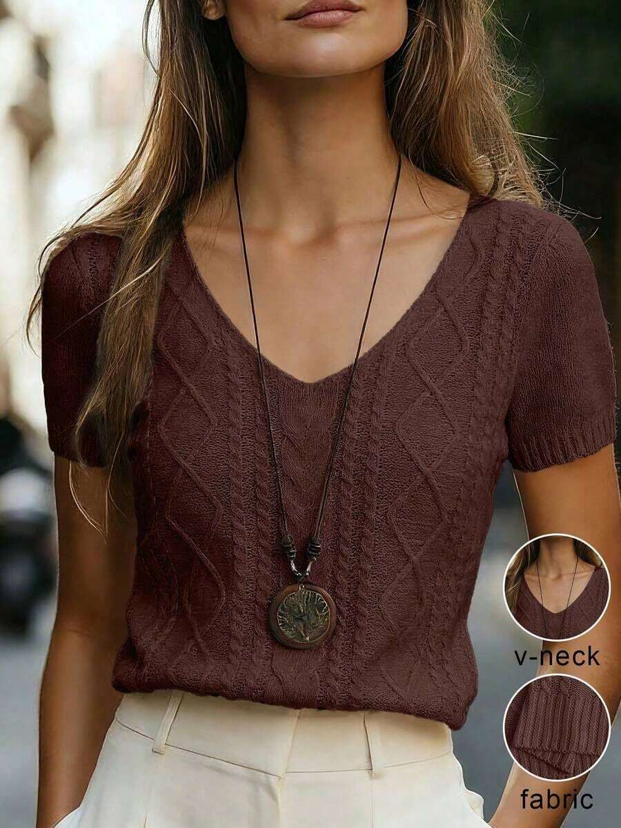 Blusa de punto ajustada con cuello en V y manga corta, color albaricoque, con detalle de trenzado, uso diario minimalista - Marrón - Ver 1