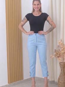 Linen Trousers With Belt, High Waist. - 淺藍色 - 查看 1