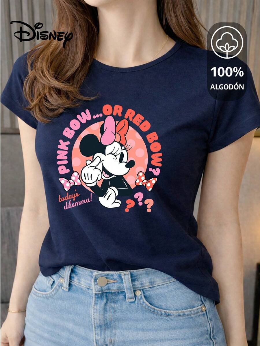 Women's T-Shirt Made Of 100% High-Quality Cotton, This T-Shirt Guarantees Exceptional Softness To The Touch, Round Neck With "Disney Minnie Pink Or Red Bow" Print And Short Sleeves - 藏蓝色 - 查看 1
