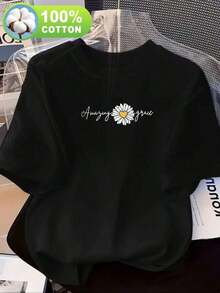 Camiseta de manga corta con cuello redondo y estampado para mujer. Perfecto para citas, desplazamientos diarios y salidas informales. Diseño clásico minimalista de cuello redondo, fácil de combinar y adecuado para todas las formas de cuerpo. - Negro - Ver 7