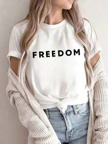 Nueva Camiseta de Moda para Mujer con Cuello Redondo, Edición Limitada. Nuevo estilo de verano para mujer, estampado sencillo con eslogan, camiseta de manga corta de cuello redondo, corte holgado, informal, para vacaciones, top moderno para el día a día, adecuada para uso diario y vacaciones. Camiseta de mujer. Algodón ligero. Diseño versátil, para el verano. - Blanco - Ver 1
