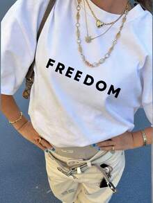 Nueva Camiseta de Moda para Mujer con Cuello Redondo, Edición Limitada. Nuevo estilo de verano para mujer, estampado sencillo con eslogan, camiseta de manga corta de cuello redondo, corte holgado, informal, para vacaciones, top moderno para el día a día, adecuada para uso diario y vacaciones. Camiseta de mujer. Algodón ligero. Diseño versátil, para el verano. - Blanco - Ver 4