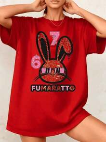 1 Piece Of Women's Oversized Streetwear Style T-Shirt With Vintage Graphic Rabbit Print, Cartoon Design, 100% Cotton, Round Neck, Summer Clothing For Women, 100% Pure Cotton. - 紅色 - 查看 8