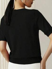 Camiseta de punto de manga corta de unicolor y peso ligero para mujer, top minimalista de verano - Negro - Ver 2