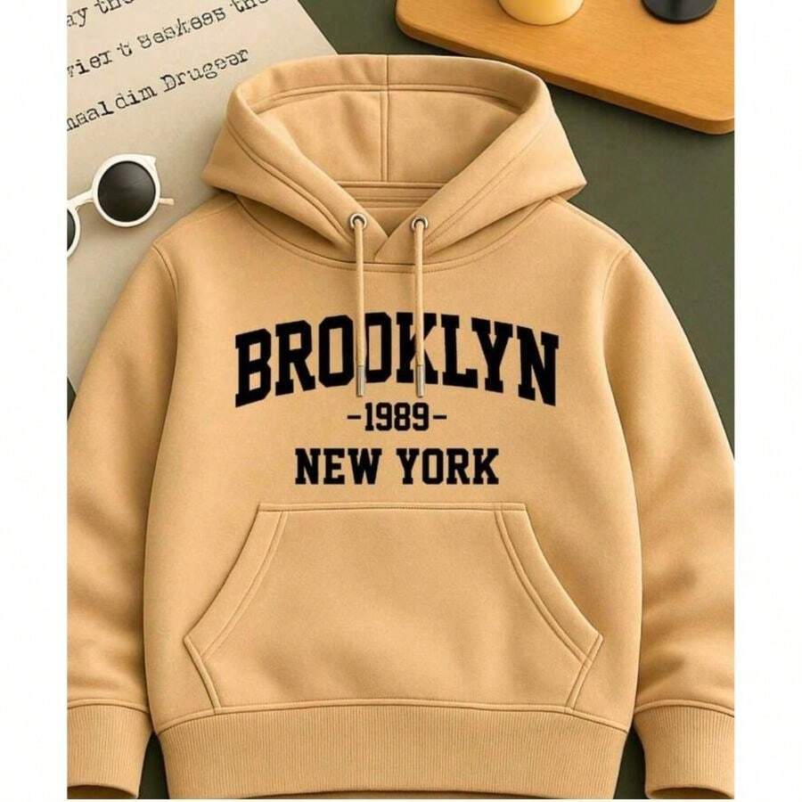 Moletom Infantil Juvenil Flanelado Básico Brooklyn Conforto Unissex Estampa Básica e Estilosa Inverno 2026 Quente Proteção do frio - Bege - Visão 1