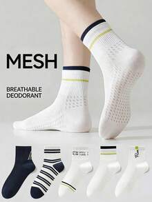 1/3/5 Pairs Men's Summer Breathable Ins Style Mid-Calf Socks, Spring/Autumn Anti-Odor Moisture-Wicking Short Crew Sports Socks - Multicolor - View 1