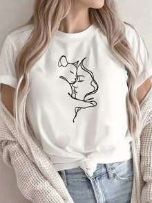 Loose's Women's White Crew Neck T-Shirt With Minimalist Cat Design | Lightweight And Comfortable, Casual And Versatile, Suitable For Everyday Outings And Relaxing At Home Or In A Cafe - Simple Solid Colors Shortsleeve 100% Cotton - 白色 - 查看 6