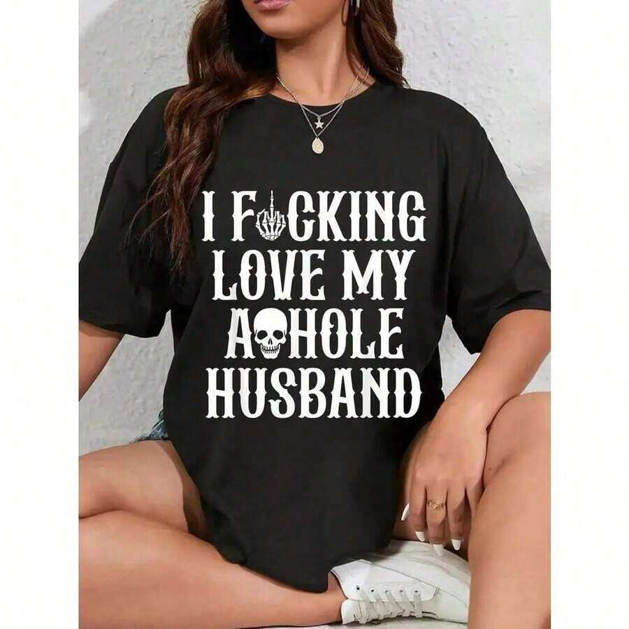 Camiseta estampada para mujer 100% unisex, con diseño divertido de calavera y la frase "I Love My Husband". Ropa de verano 2026 para mujer, atuendo de vacaciones para mujer. Playera para verano. - Negro - Ver 1