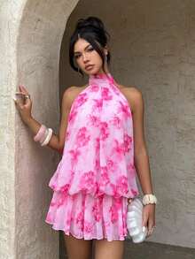 Vestido elegante de mujer con cuello halter y lazo en color amarillo claro - Rosa - Ver 12