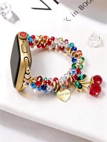 Huastonband Compatible With Women's Watch Bands 38mm 40mm 41mm 42mm 44mm 45mm 49mm. Women's Bracelet Watch Band With Dopamine Color Crystal Ball, Cherry Pendant And Heart Flower Decoration Design. Ultra3/2SE/S11/S10/S9/S8/S7/S6/S5/S4/S3 Series Smart Watch Accessories Band Fashion Front Charm Women's Gold Jewelry Faux Pearl Ball Party Gathering Activity Beach Holiday Summer Graduation Gift, - Cherry - View 3