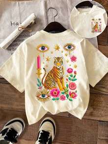 Camiseta Casual de Talla Grande para Mujer con Estampado de Tigre Misterioso - Surrealismo - Albaricoque - Ver 1