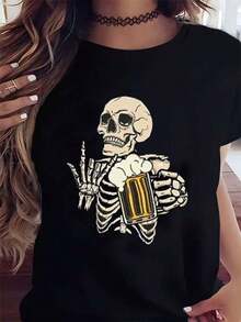Women's Short Sleeve T-Shirt With Round Neck And Skeleton Print Holding A Beer Mug S-3XL Fashionable, Comfortable And Breathable, Machine Washable - 黑色 - 查看 1