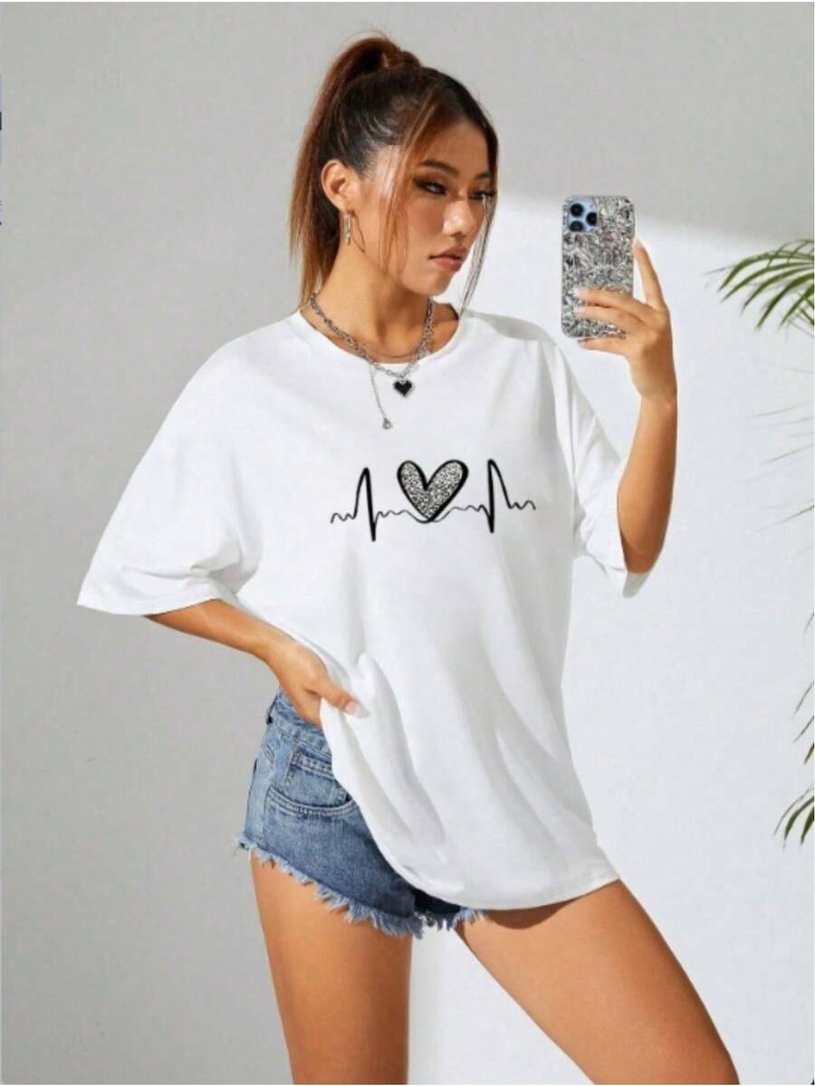 2026Camiseta de cuello redondo con estampado de corazón, camisetas gráficas con estampado de leopardo para mujeres2026 - Blanco - Ver 1