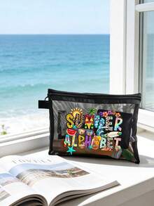 時尚女款網格化妝包，印有「Summer Letter」圖案 - 夏季必備。多功能護膚包、旅行盥洗包、便攜式化妝包、沙灘包、宿舍用品；適用於辦公室、學校、度假、派對，非常適合生日禮物、旅行紀念品、節日禮物、婚禮配件 - 彩色 - 查看 4