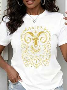 Camiseta Casual de Corte Holgado para Mujer con Estampado del Zodíaco Aries y Diseño Ornamental Dorado para Uso Diario y Amantes de la Astrología - Blanco - Ver 1