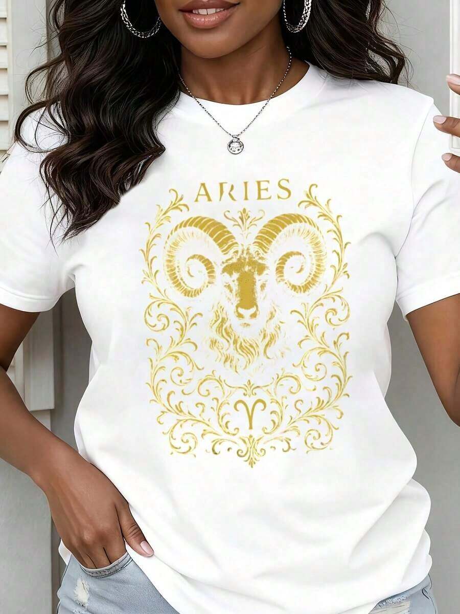 Camiseta Casual de Corte Holgado para Mujer con Estampado del Zodíaco Aries y Diseño Ornamental Dorado para Uso Diario y Amantes de la Astrología - Blanco - Ver 1