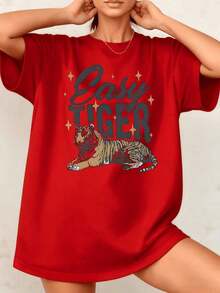 Women's Tiger Graphic Print T-Shirt, Casual Style For Animal Lovers, 100% Cotton, Crew Neck, Loose Fit, 1 Piece. Excellent Gifts For Friends And Family, Modern Urban Style. - 紅色 - 查看 7
