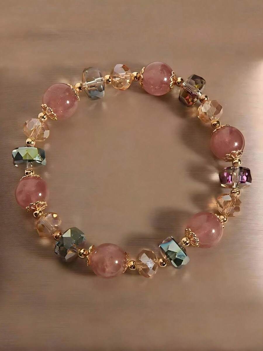1 Peça Pulseira de Contas de Cristal de Morango de Vidro Colorido, Boa Sorte Saúde, Uso Diário e Presente - Multicolorido - Visão 1