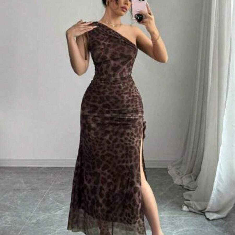 Vestido elegante sin mangas con estampado de leopardo y abertura alta en malla para mujeres - Café integral - Ver 1