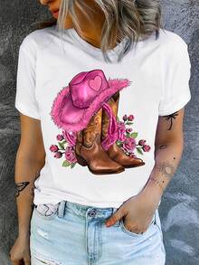 Western Cowboy Print T-Shirt [Printed Pants - Not Denim Fabric], Gift For Western Cowboy Enthusiasts, T-Shirt For Western Cowboy Lovers, Long Rose Boots - [白色的] - 查看 6