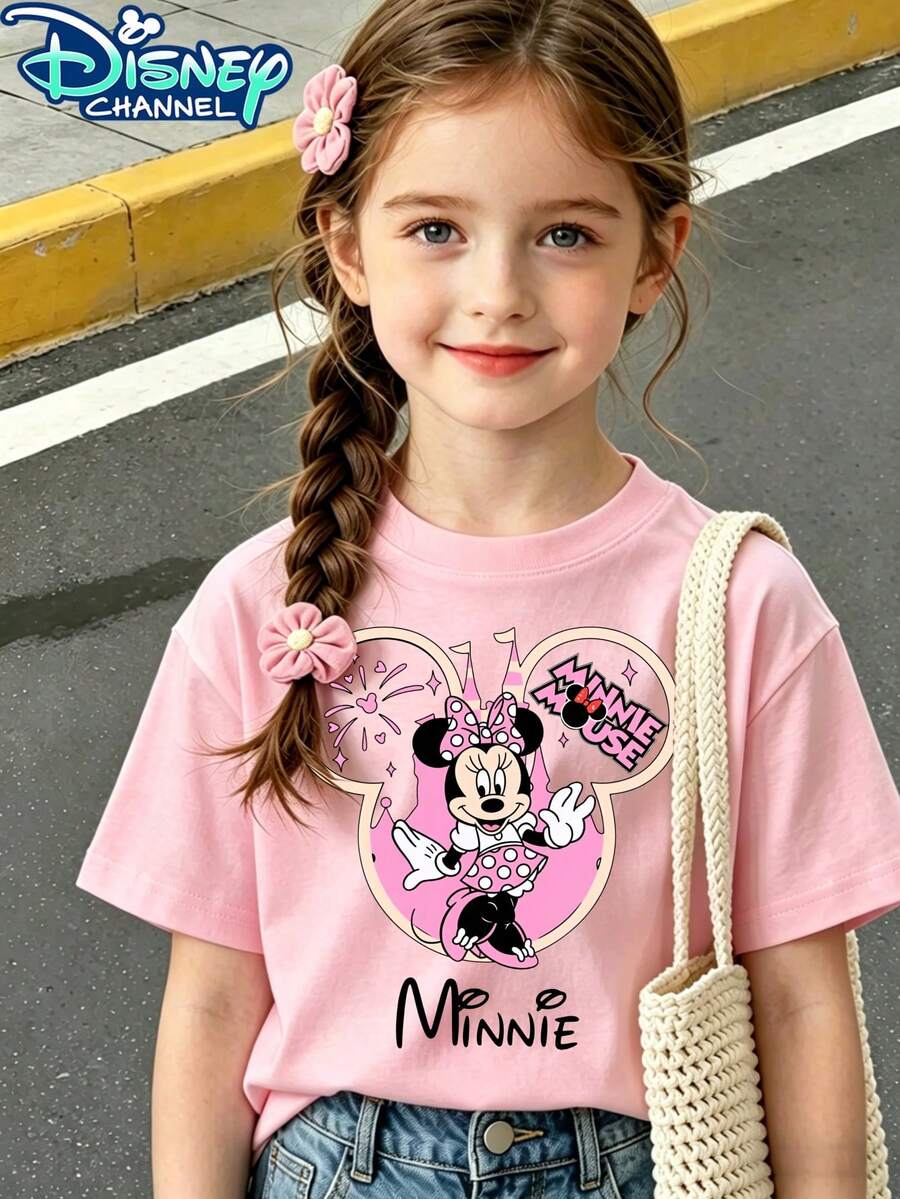 Disney Minnie Mouse Print Girls' T-Shirt - A Design For Teenage Girls, Short-Sleeved, Casual And Cute Style, Comfortable And Casual, Suitable For All Seasons, Perfect For Parties And Play, Machine Washable, Teenage Clothing, Short-Sleeved Shirt For Teenagers. - Pink - View 1