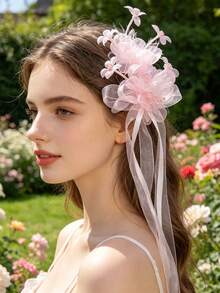 1pc Gauze Ribbon Headpiece, Ethereal Headwear For Wedding, Banquet, Suitable For Women And Girls,Combs - 9847 Pink - View 3