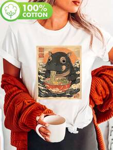 Camiseta con estampado de hipopótamo comiendo ramen, manga corta y cuello redondo, top casual para verano y primavera, ropa de mujer[COD] - Blanco - Ver 6