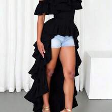 Blusa de hombros descubiertos de unicolor y minimalista con ribete de encaje, adecuada para uso diario, festivales de música, atuendos elegantes de verano, atuendos de vacaciones en color negro - Negro - Ver 4