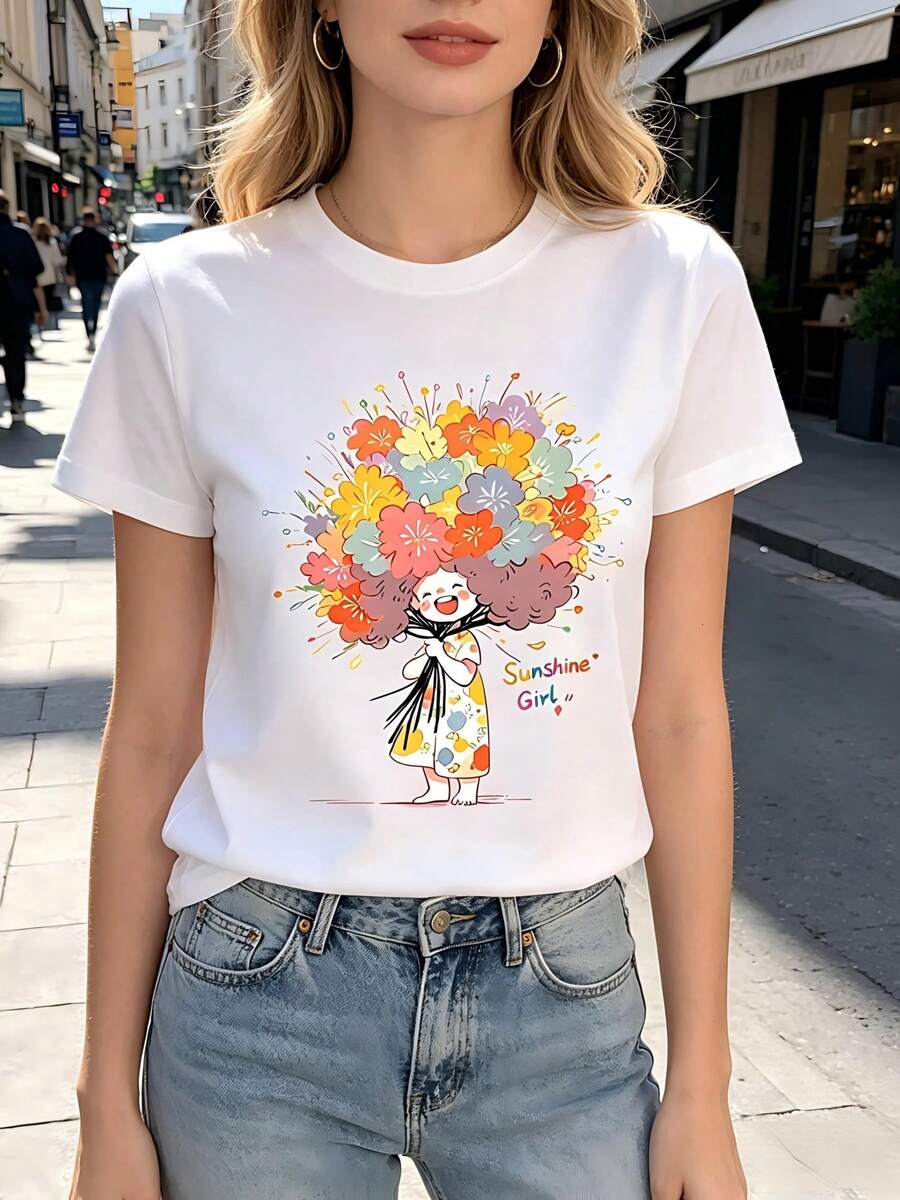 Camiseta de Mujer Estilo Y2K con Estampado de Dibujos Animados - Cuello Redondo Casual, Corte Holgado, Mangas Cortas, Largo Regular, Diseño Floral Colorido en Blanco, Adecuada para Ropa Casual de Primavera/Otoño, Camiseta Gráfica Alegría, Ajuste Cómodo - Blanco - Ver 1