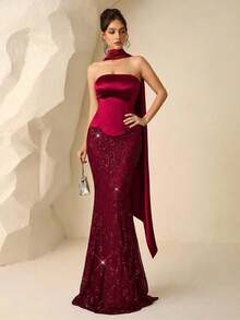 Vestido de Noche Formal Elegante con Lentejuelas y Diseño de Parches sin Tirantes para Mujer de Coutiva - Burdeos - Ver 7