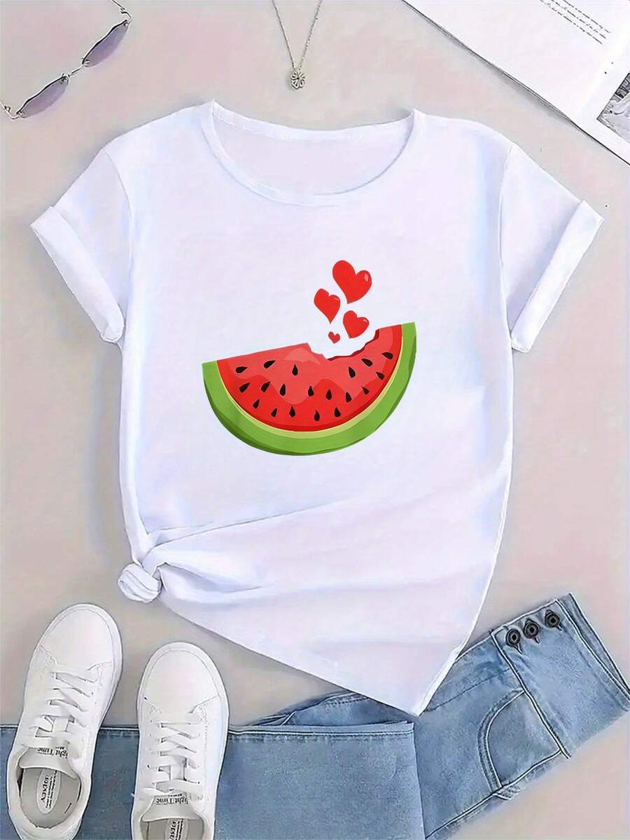 Women's Round Neck T-Shirt With A Watermelon Print, Casual And Elegant, Comfortable Fit, Suitable For All Seasons, Machine Washable. Perfect For Elegant Parties, Stylish Ladies, And Curvy Women. Pairs Well With Prom Skirts Or Casual Wear. Features An Adorable Animal Print, A Fun Letter Print, And Streetwear Style. - 白色 - 查看 1
