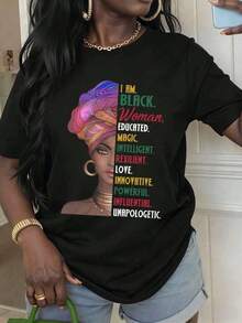 Black "African Pride" T-Shirt With Turban And Inspirational Words For Everyday Wear And Empowerment Events, African Heritage Graphic Print T-Shirt For Women. - 黑色 - 查看 10