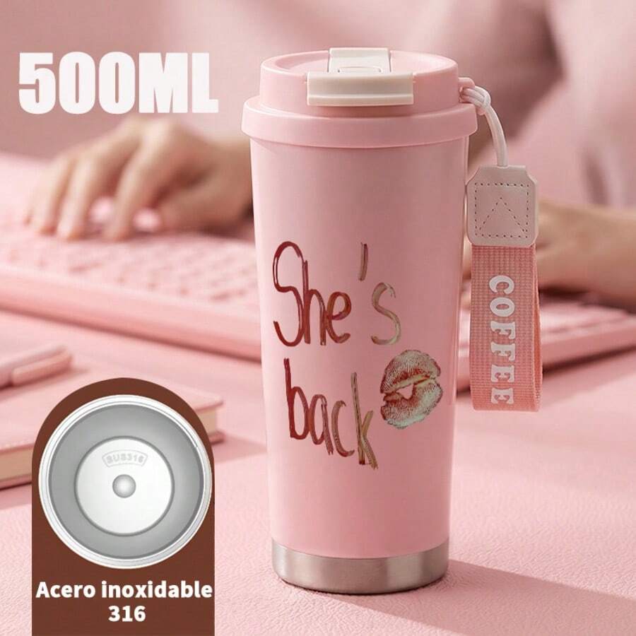 Vaso Térmico de 500ml con Diseño de Frase "She's Back" y Labios, Acero Inoxidable, Tapa Hermética y Correa - Multicolor - Ver 1