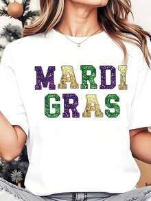 Soft, Breathable, And Lightweight For All-Day Comfort. Women's Crew Neck T-Shirt With A Mardi Gras Text Print, Ideal For Casual Parties And Festival Celebrations, 220g. Classic Crew Neck With A Relaxed Fit That Flatters All Body Shapes And Is Easy To Pair With Jeans, Shorts, And Leggings. - 白色 - 查看 7