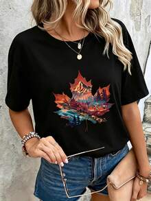 Limited Time Offer, Limited Quantities, Flash ! Women's Casual Shirts, Women's Polyester T-Shirts, Stylish Shirts. Women's Casual V-Neck T-Shirt With Vibrant Maple Leaf And Autumn Mountain Print - Soft And Breathable Short-Sleeve Top For Spring, Summer, And Fall, Machine Washable, Nature-Inspired Design, Comfortable T-Shirt, Seasonal Fashion, Relaxed Fabric, Easy Care T-Shirt, Relaxed Outfit, For Comfort Lovers - 黑色 - 查看 11