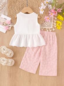 2pcs Baby Girls Elegant Hollow Floral Trim Vest Top And Pink Jacquard Pants Set, Cute Spring/Summer Outfit - White - View 2