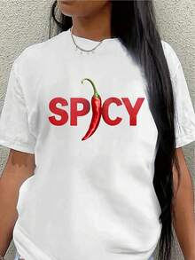 Short-Sleeved Polyester T-Shirt With Chili Print, Suitable For Casual Wear At Home Or In Restaurants; Lightweight And Durable Design, Comfortable For Everyday Wear. Women's Casual Blouse - 白色 - 查看 7