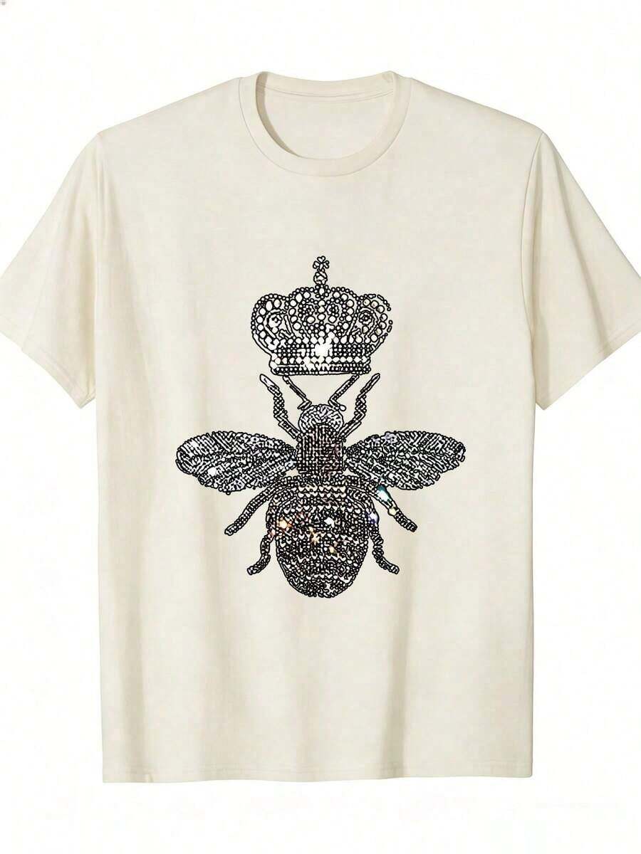 Women's Casual Summer T-Shirt, 1 Piece, 100% Pure Cotton, Bee Crown Print T-Shirt, Short Sleeve Round Neck T-Shirt For Spring And Summer, Breathable Pure Cotton Casual Sports Top, Holiday Gift - 杏色 - 查看 1