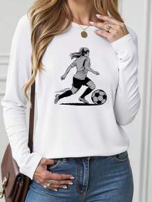 Camiseta Estampada para Mujer - Camiseta Casual de Manga Corta y Cuello Redondo con Ilustración de Fútbol, Perfecta para la Mujer Rubia que Busca Estilo y Comodidad. Corte Relajado para Todas las Estaciones, Perfecta para el Uso Diario y Atuendos de Vacaciones (Lavable aáquina). - Blanco - Ver 1