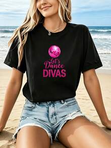 Camiseta Estampada para Mujer Vamos a Bailar DIVAS con Brillante Bola de Disco Rosa - Camiseta Casual de Manga Corta y Cuello Redondo, Corte Relajado para Todas las Estaciones, Perfecta para Uso Diario y Atuendos de Vacaciones, Lavable aáquina. - Negro - Ver 6