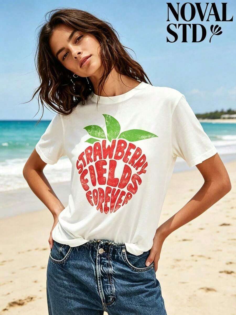 1 Piece Of White Short-Sleeved T-Shirt With Round Neck, Casual Holiday Style, Loose And Multifunctional, With Beatles Strawberry Field Forever Print For Women, Ideal For Everyday Wear. 180g 100% Cotton. - 白色 - 查看 1