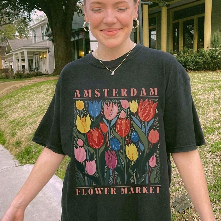 Amsterdam Flower Market Shirt Tulip Graphic Tee220G Heavyweight 100% Cotton T-Shirt. With Butterfly Print Pattern, Suitable For Girls And Women Short Sved Round Neck Inspirational Shirt, Cute Aesthetic Y2K Style Summer Top, Suitable For Outdoor, Family, Work Or Street Wear Casual Loose Daily T-Shirt - 黑色 - 查看 1