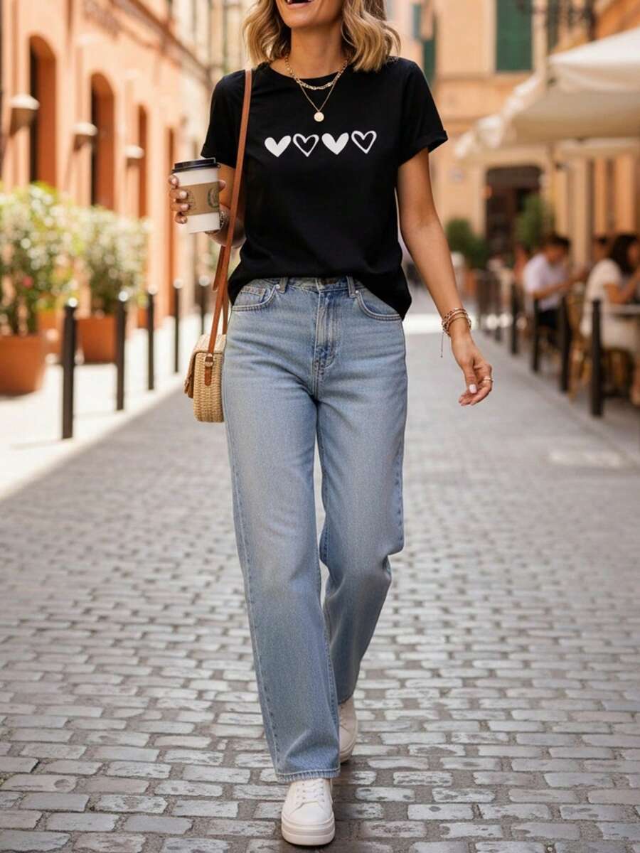 Camiseta Elástica de Mujer | Moda Casual Moderna, Cuello Redondo, Corte Regular, Manga Corta, Tejido de Elasticidad Media - Negro - Ver 1