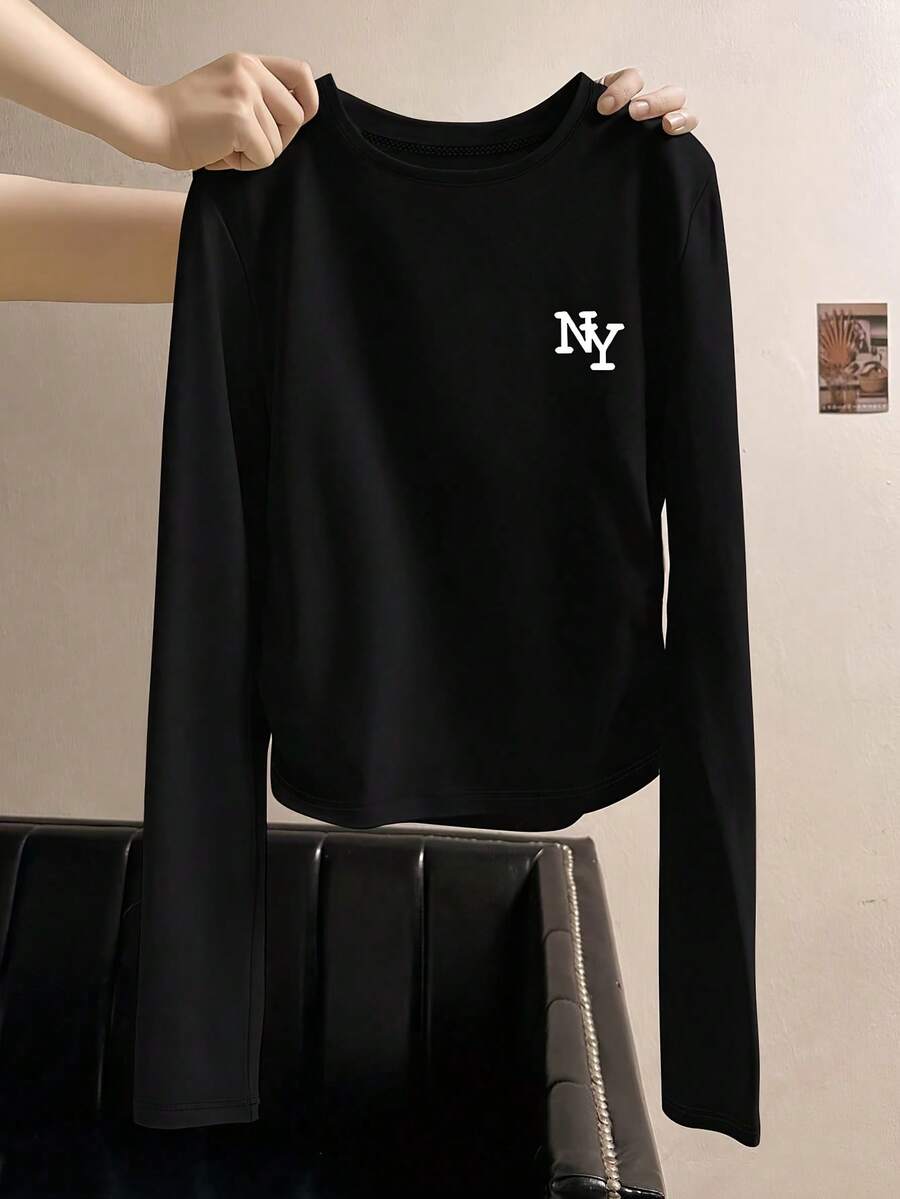 Nueva camiseta de manga larga de primavera y otoño para mujer, con estampado de patrón NY simple, camiseta de manga larga Cool and Spicy Date. Combínala con una camiseta de manga larga para uso en casa. Camiseta de manga larga como regalo para mujer - Negro - Ver 1