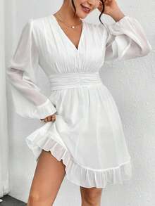 Vestido De San Valentín De Gasa Con Cuello En V Profundo Y Mangas Tipo Linterna - Blanco - Ver 4