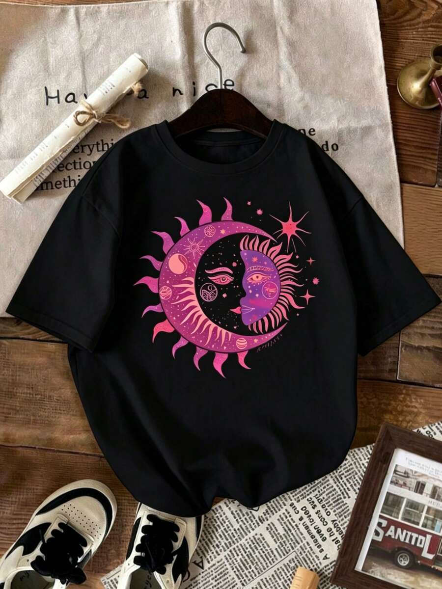 Bohemian Style, Limited-Time Offer, Limited Quantities, Flash ! Women's Casual Shirts, Women's Polyester T-Shirts, Elegant Shirts. Women's Summer T-Shirt With Sun And Star Design, Stylish Feminine Garment, Style: Round Neck, Short Sleeves, Loose Fit, A Gift For Yourself/Family/Friends/Loved Ones, Casual And Fashionable, Fun Design, Spring Clothing. - 黑色 - 查看 1