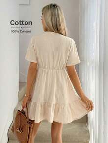 Vestido paraguas con cuello en V, lazo en los hombros, mangas caídas, cintura fruncida, volantes en el bajo, de doble capa con textura de crepé 100% algodón, casual, relajado, elegante, para uso diario, vacaciones, primavera y verano para mujer - Gris - Ver 6