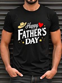 Funny Men's T-Shirt For Father's Day - Black With White And Gold Print, Casual Short Sleeve T-Shirt, Gift For Dad, Star And Heart Design With Hat, Machine Washable Crew Neck T-Shirt, Perfect For Father's Day Celebrations - 黑色 - 查看 1