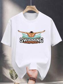 Men's Basic T-Shirt With Swim-Style Print, Round Neck, Short Sleeve, Versatile Casual Style - White - View 8